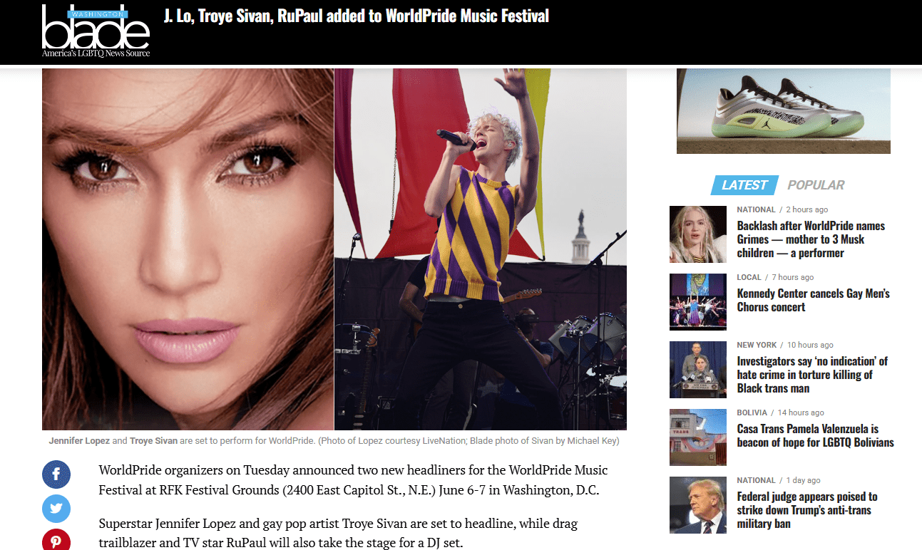 J. Lo, Troye Sivan, RuPaul added to WorldPride Music Festival