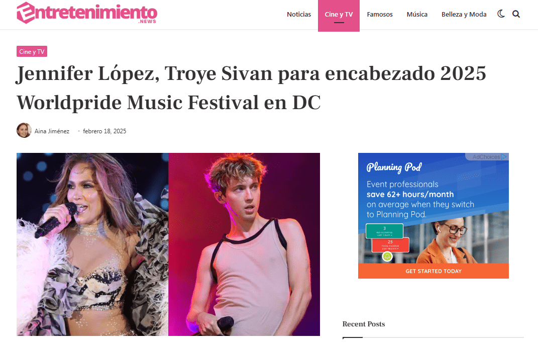 Jennifer López, Troye Sivan para encabezado 2025 Worldpride Music Festival en DC