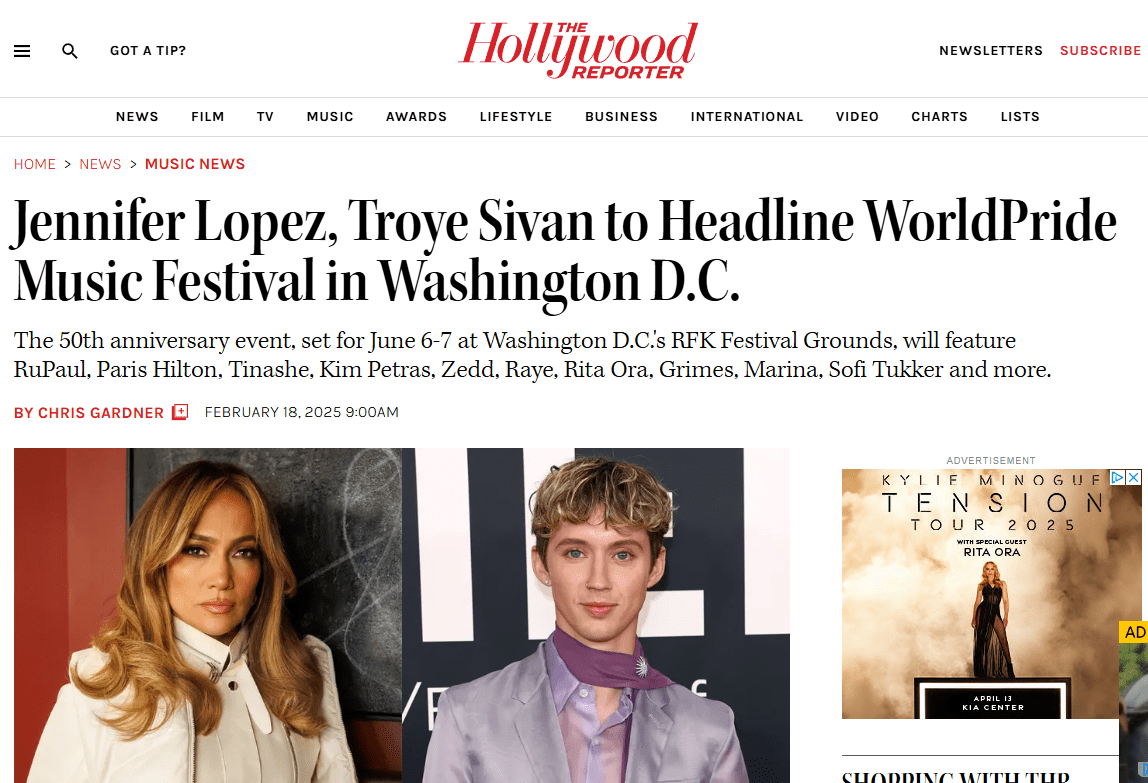 Jennifer Lopez, Troye Sivan to Headline WorldPride Music Festival in Washington D.C.