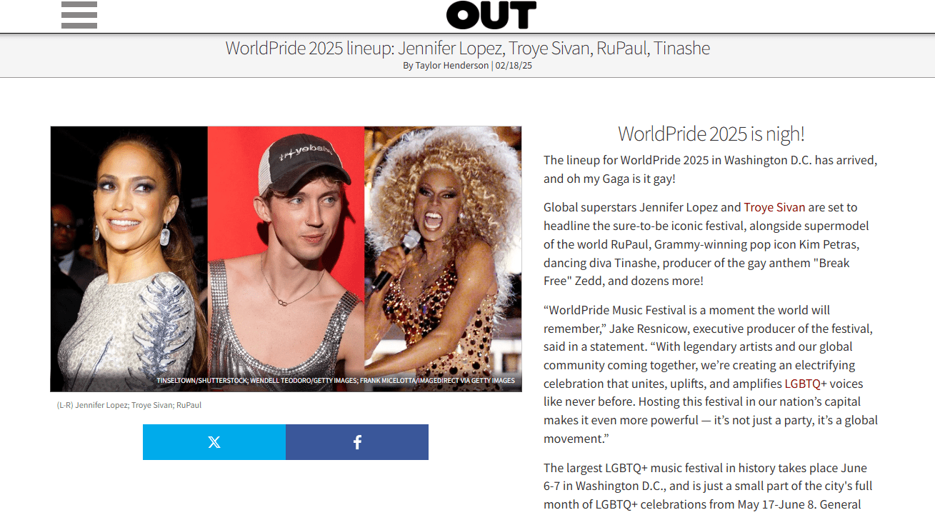 WorldPride 2025 lineup Jennifer Lopez, Troye Sivan, RuPaul, Tinashe